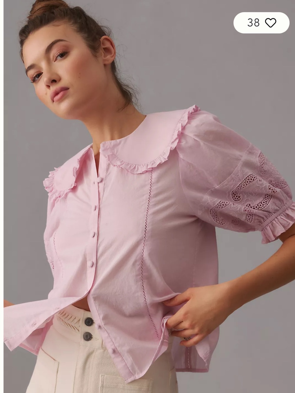 Anthropologie The Odell’s Light Pink Ruffle Eyelet Button-Front Blouse